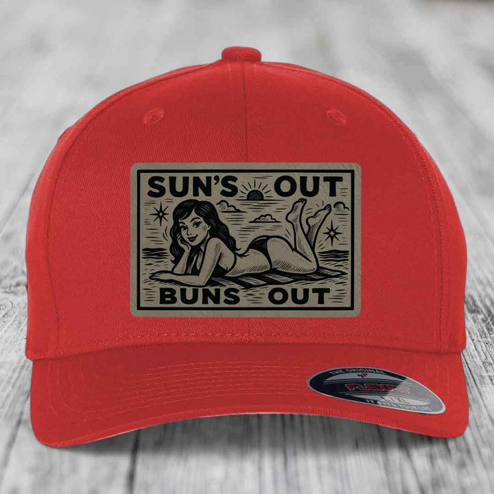 Suns Out, Buns Out - Leather Patch Hat - Light Brown to Black Patch - Flexfit 6277 Fitted Hat