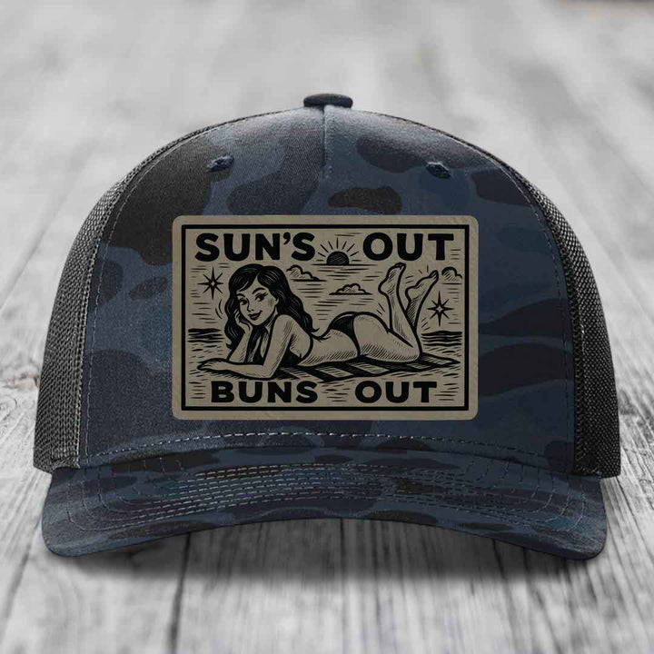 Suns Out, Buns Out - Leather Patch Hat - Light Brown to Black Patch - Richardson 112PFP Snapback Trucker Hat