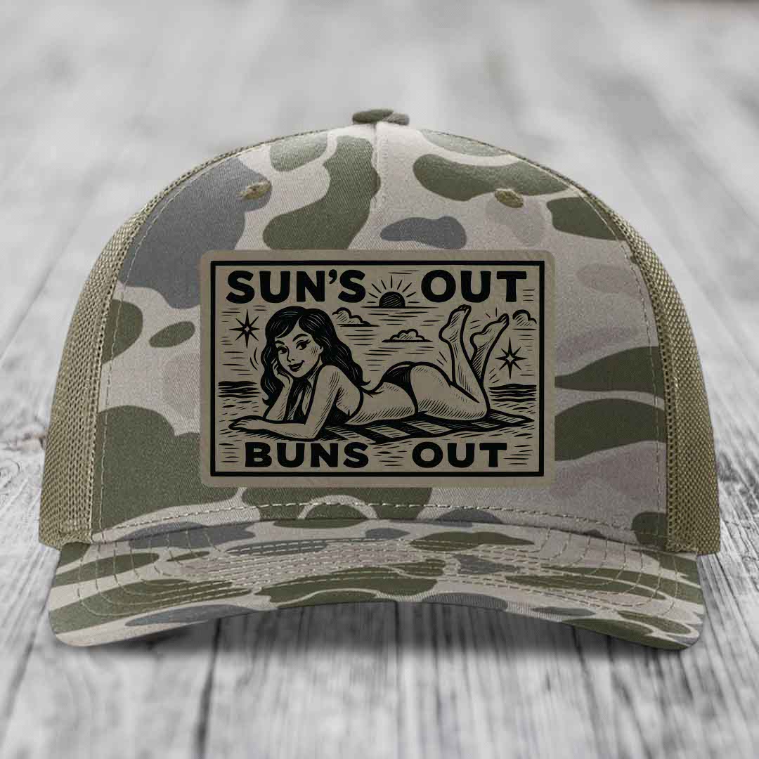 Suns Out, Buns Out - Leather Patch Hat - Light Brown to Black Patch - Richardson 112PFP Snapback Trucker Hat