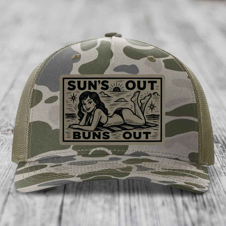 Suns Out, Buns Out - Leather Patch Hat - Light Brown to Black Patch - Richardson 112PFP Snapback Trucker Hat