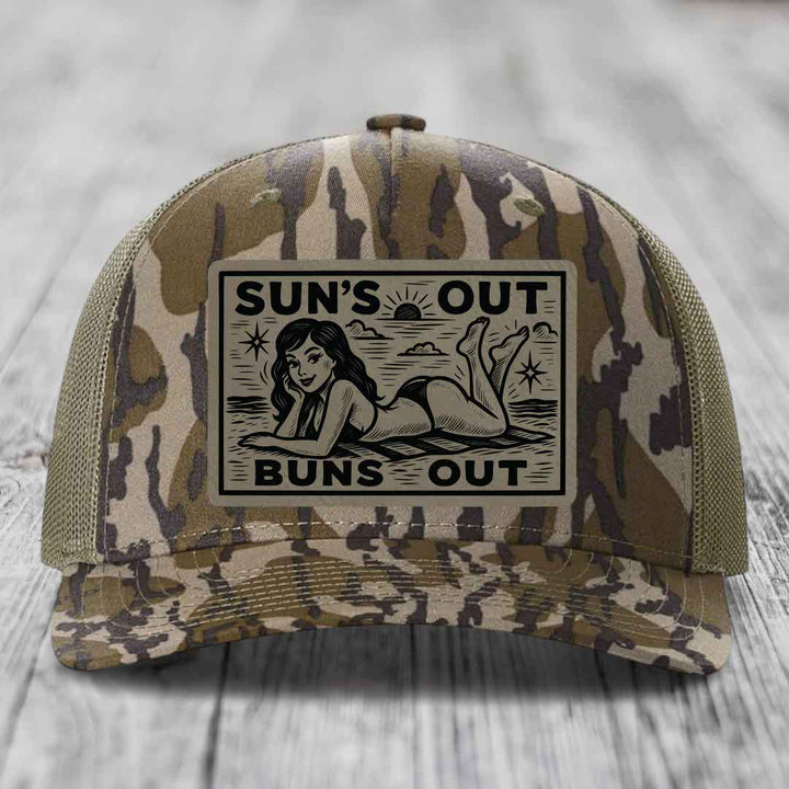 Suns Out, Buns Out - Leather Patch Hat - Light Brown to Black Patch - Richardson 112PFP Snapback Trucker Hat