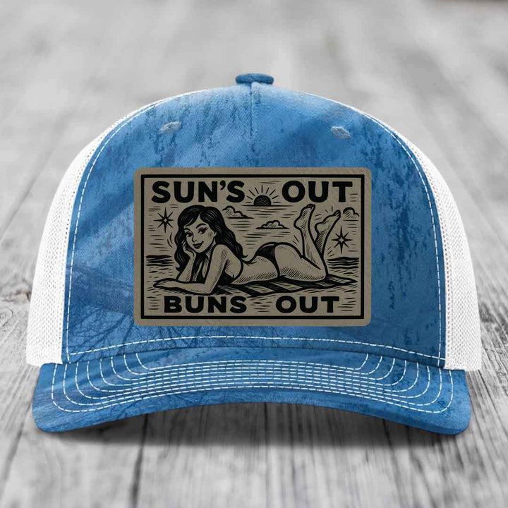 Suns Out, Buns Out - Leather Patch Hat - Light Brown to Black Patch - Richardson 112PFP Snapback Trucker Hat