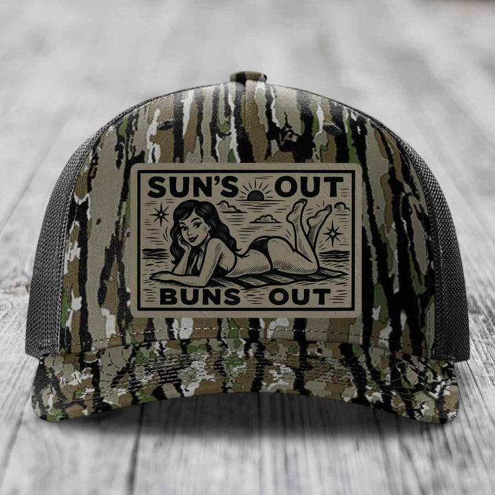 Suns Out, Buns Out - Leather Patch Hat - Light Brown to Black Patch - Richardson 112PFP Snapback Trucker Hat