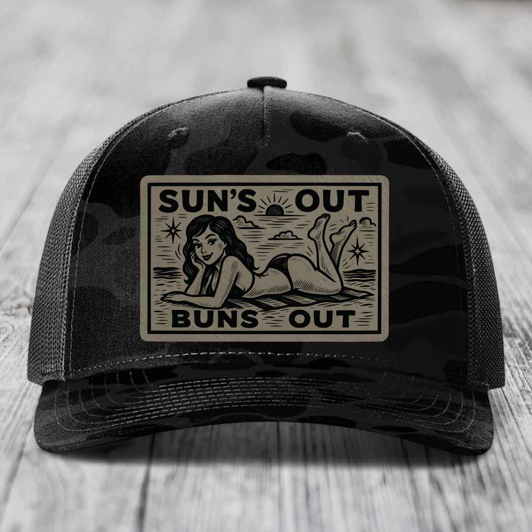 Suns Out, Buns Out - Leather Patch Hat - Light Brown to Black Patch - Richardson 112PFP Snapback Trucker Hat