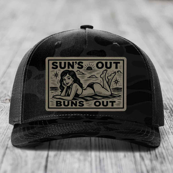 Suns Out, Buns Out - Leather Patch Hat - Light Brown to Black Patch - Richardson 112PFP Snapback Trucker Hat