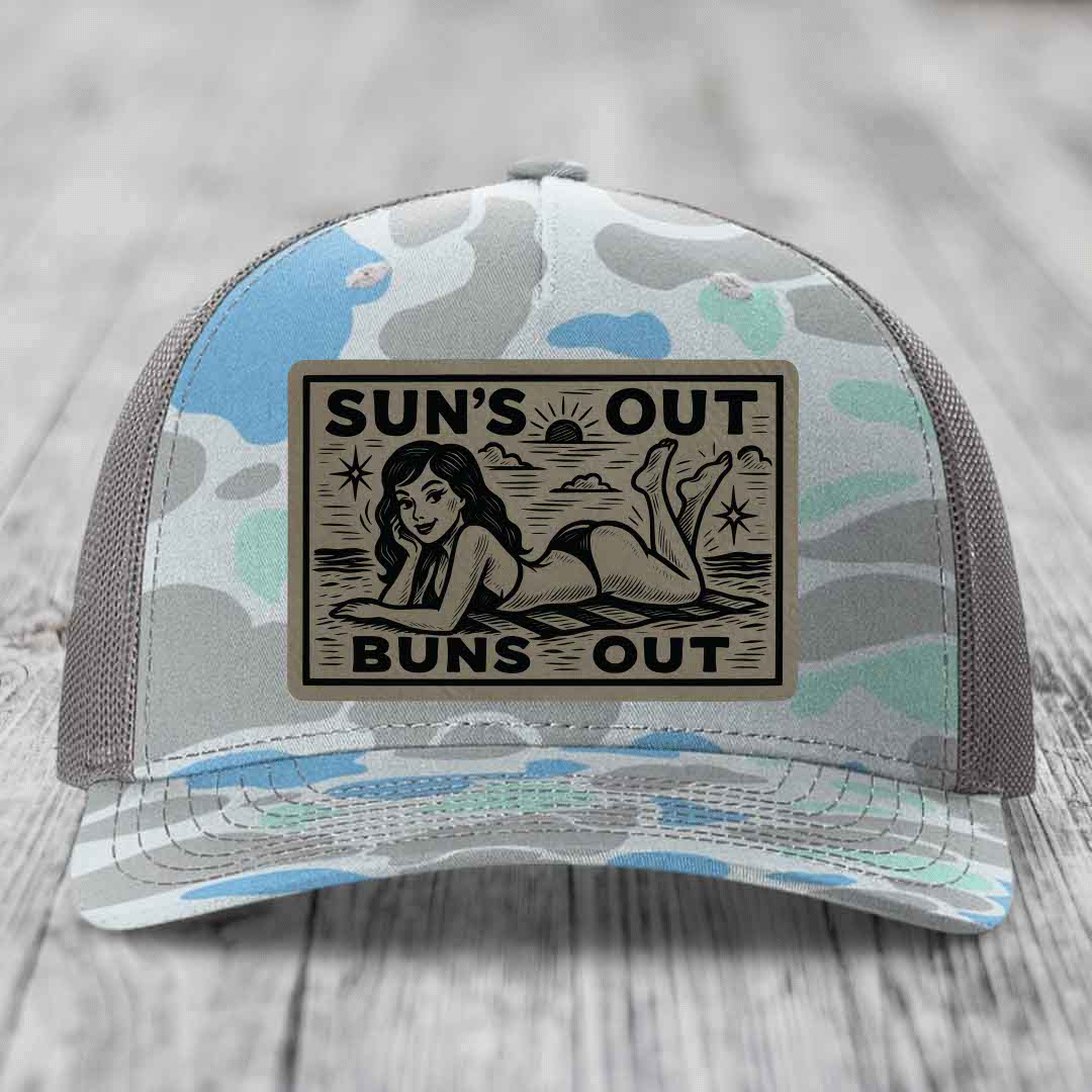 Suns Out, Buns Out - Leather Patch Hat - Light Brown to Black Patch - Richardson 112PFP Snapback Trucker Hat