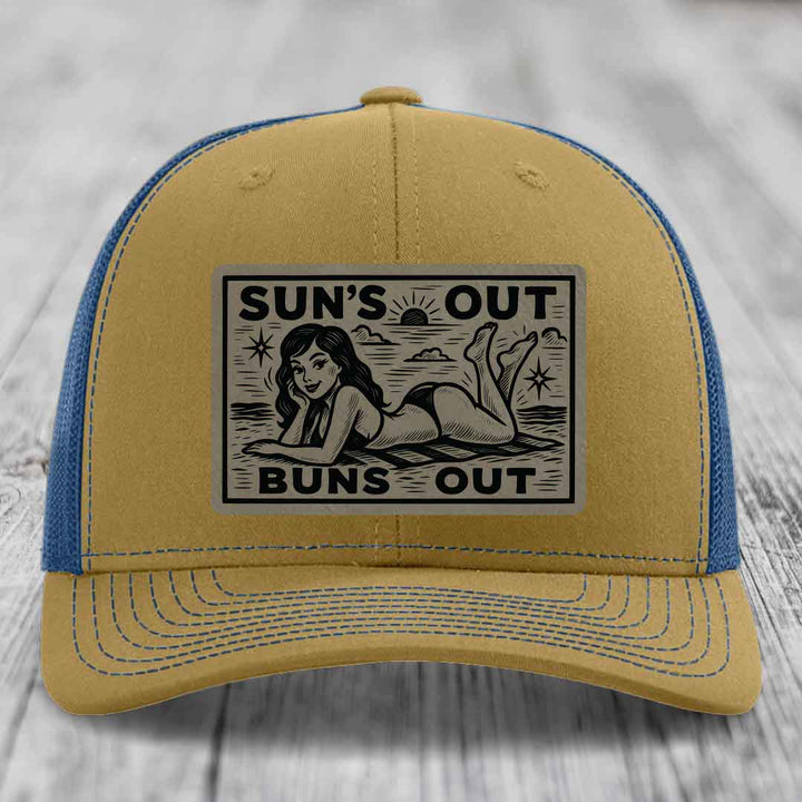 Suns Out, Buns Out - Leather Patch Hat - Light Brown to Black Patch - Richardson 112 Snapback Trucker Hat