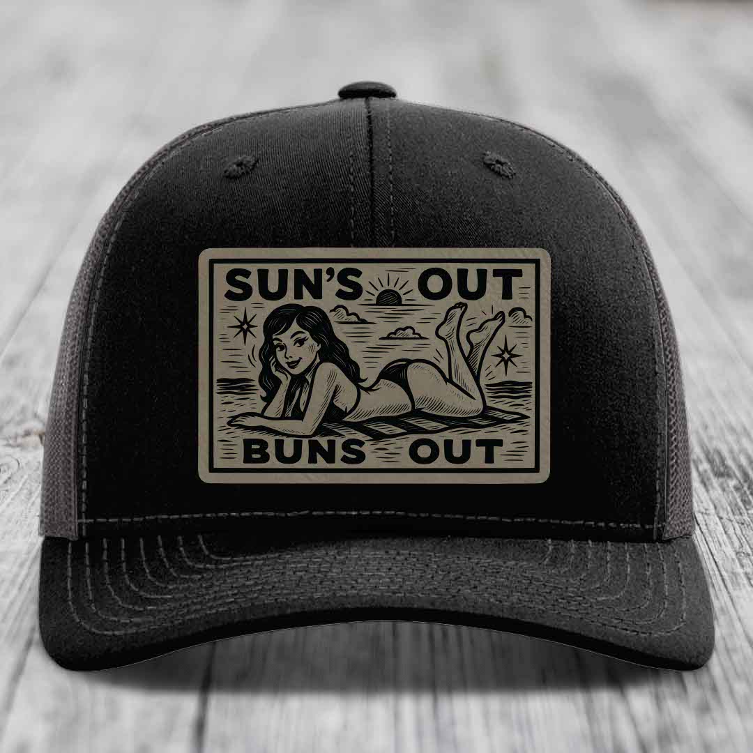 Suns Out, Buns Out - Leather Patch Hat - Light Brown to Black Patch - Richardson 112 Snapback Trucker Hat