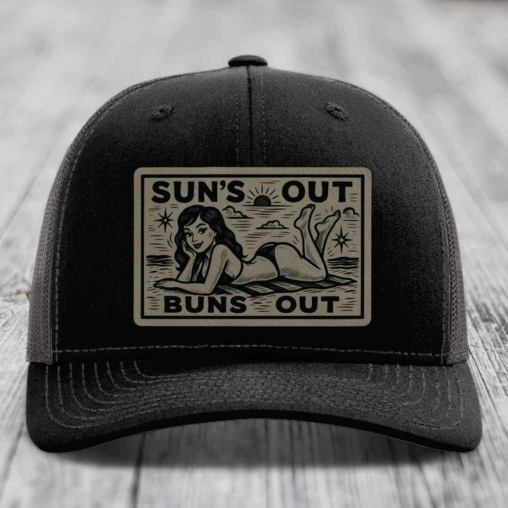 Suns Out, Buns Out - Leather Patch Hat - Light Brown to Black Patch - Richardson 112 Snapback Trucker Hat
