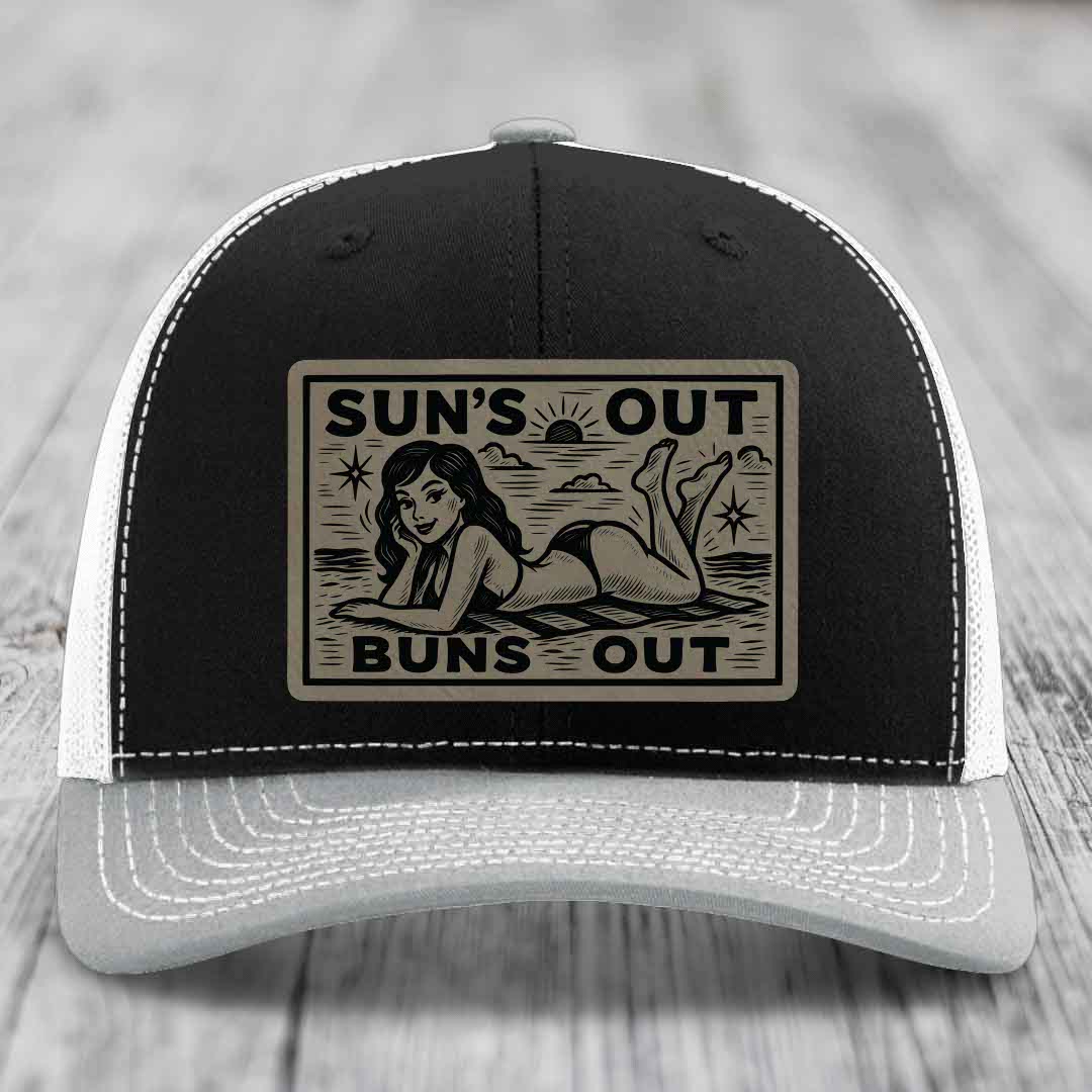 Suns Out, Buns Out - Leather Patch Hat - Light Brown to Black Patch - Richardson 112 Snapback Trucker Hat