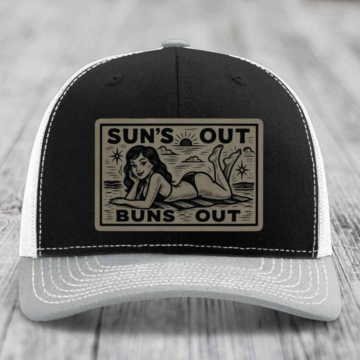 Suns Out, Buns Out - Leather Patch Hat - Light Brown to Black Patch - Richardson 112 Snapback Trucker Hat