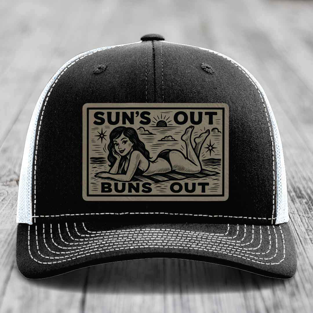 Suns Out, Buns Out - Leather Patch Hat - Light Brown to Black Patch - Richardson 112 Snapback Trucker Hat