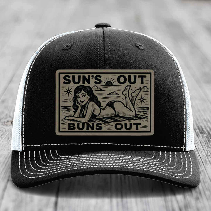 Suns Out, Buns Out - Leather Patch Hat - Light Brown to Black Patch - Richardson 112 Snapback Trucker Hat