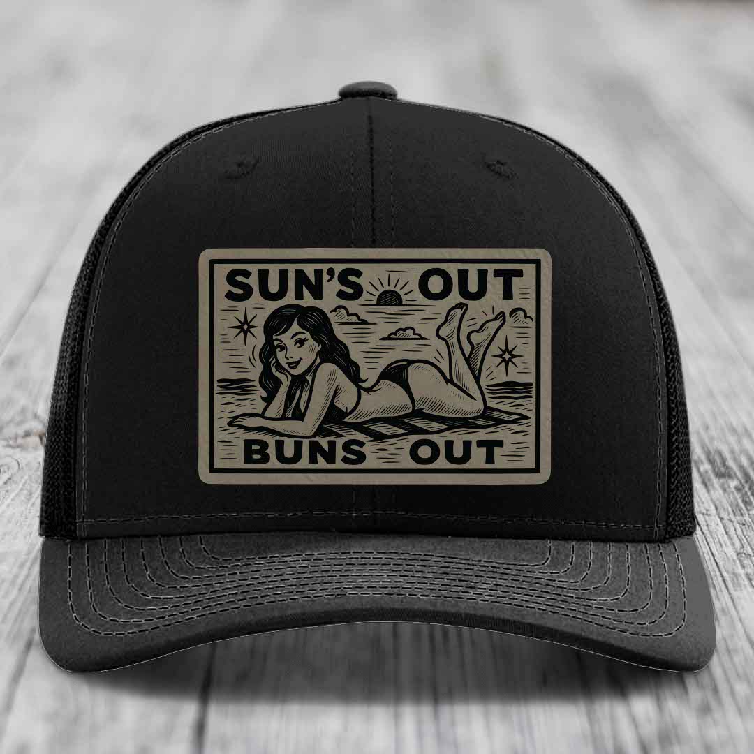 Suns Out, Buns Out - Leather Patch Hat - Light Brown to Black Patch - Richardson 112 Snapback Trucker Hat