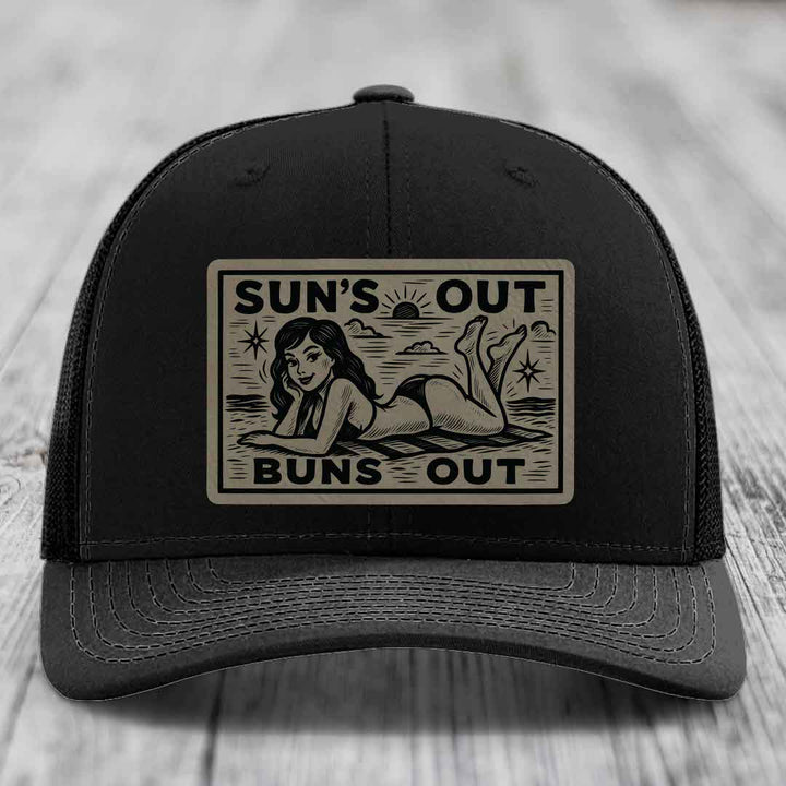 Suns Out, Buns Out - Leather Patch Hat - Light Brown to Black Patch - Richardson 112 Snapback Trucker Hat