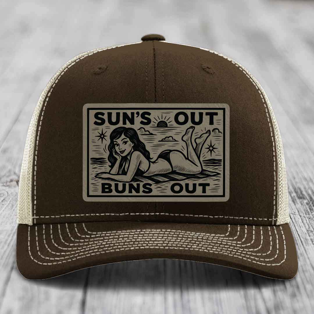 Suns Out, Buns Out - Leather Patch Hat - Light Brown to Black Patch - Richardson 112 Snapback Trucker Hat