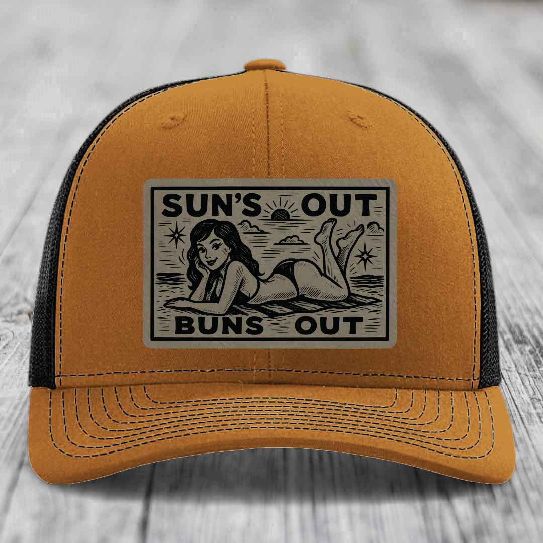 Suns Out, Buns Out - Leather Patch Hat - Light Brown to Black Patch - Richardson 112 Snapback Trucker Hat