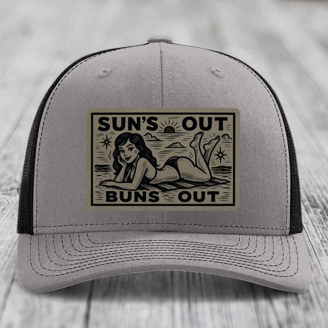 Suns Out, Buns Out - Leather Patch Hat - Light Brown to Black Patch - Richardson 112 Snapback Trucker Hat