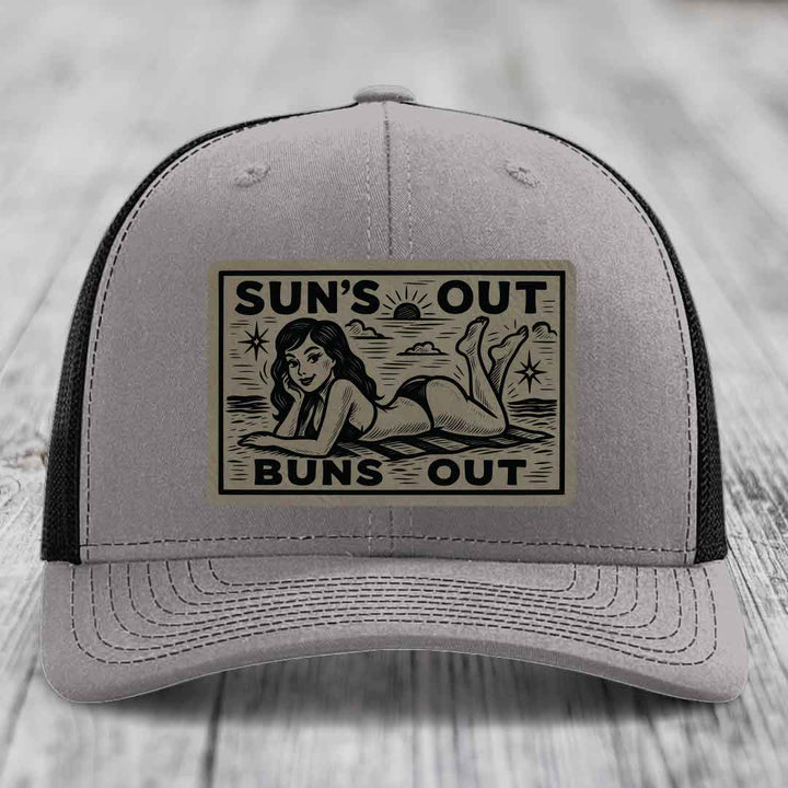 Suns Out, Buns Out - Leather Patch Hat - Light Brown to Black Patch - Richardson 112 Snapback Trucker Hat