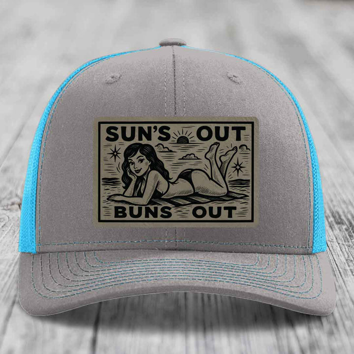 Suns Out, Buns Out - Leather Patch Hat - Light Brown to Black Patch - Richardson 112 Snapback Trucker Hat