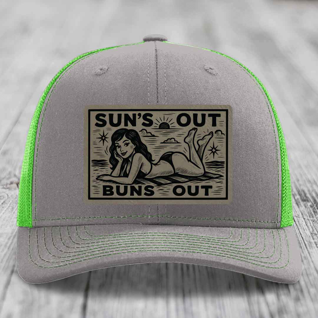 Suns Out, Buns Out - Leather Patch Hat - Light Brown to Black Patch - Richardson 112 Snapback Trucker Hat