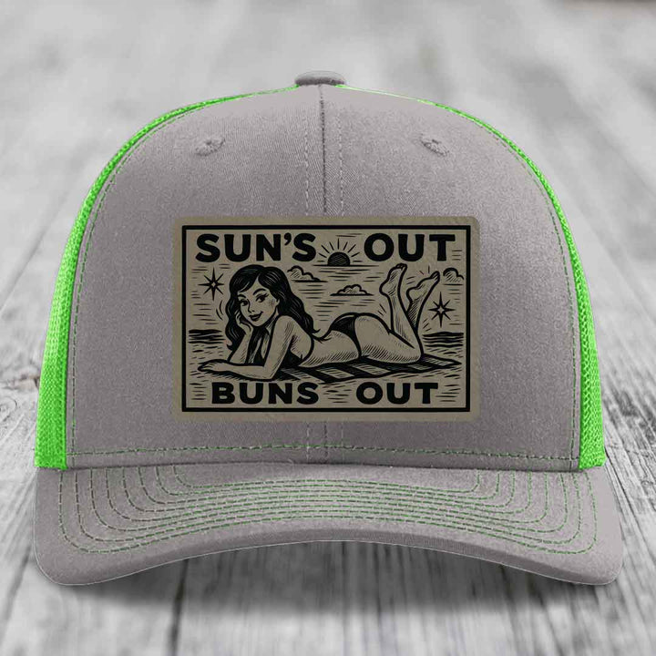 Suns Out, Buns Out - Leather Patch Hat - Light Brown to Black Patch - Richardson 112 Snapback Trucker Hat