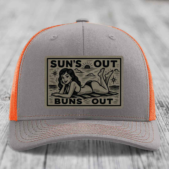 Suns Out, Buns Out - Leather Patch Hat - Light Brown to Black Patch - Richardson 112 Snapback Trucker Hat