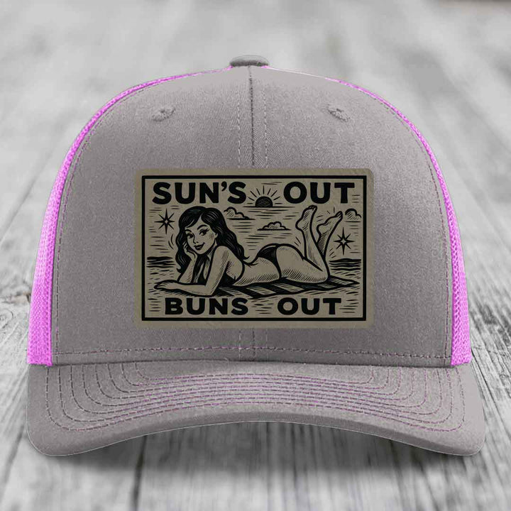 Suns Out, Buns Out - Leather Patch Hat - Light Brown to Black Patch - Richardson 112 Snapback Trucker Hat