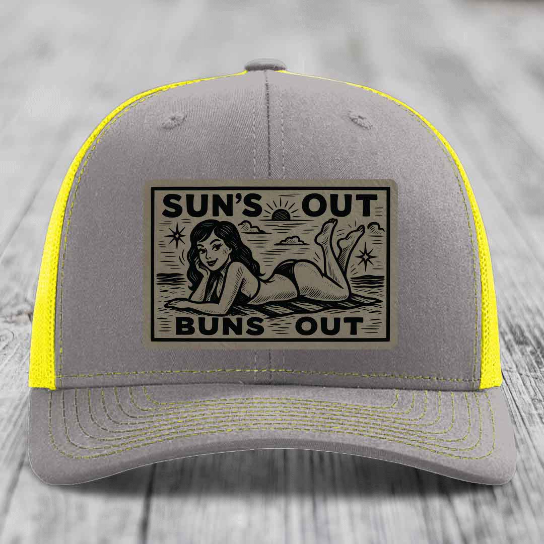 Suns Out, Buns Out - Leather Patch Hat - Light Brown to Black Patch - Richardson 112 Snapback Trucker Hat