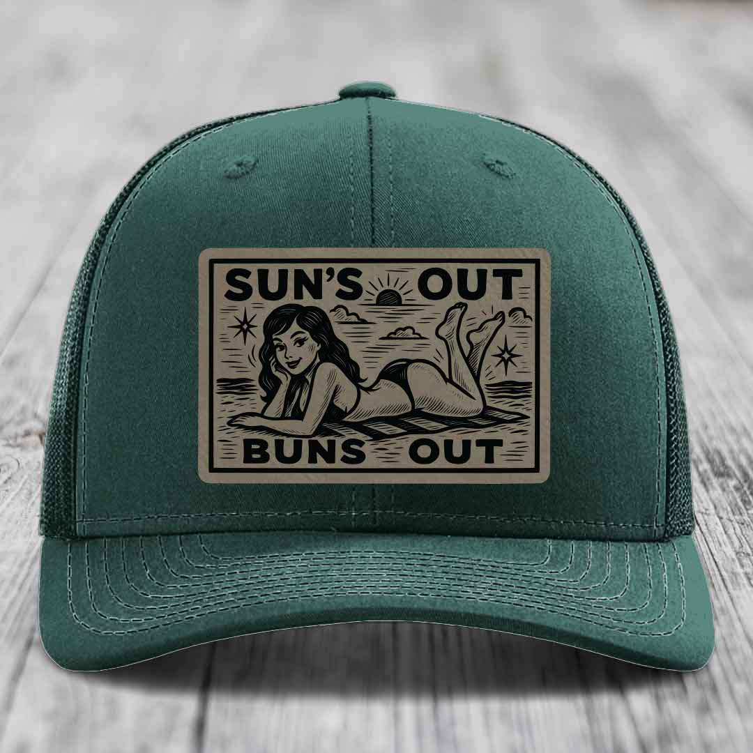 Suns Out, Buns Out - Leather Patch Hat - Light Brown to Black Patch - Richardson 112 Snapback Trucker Hat