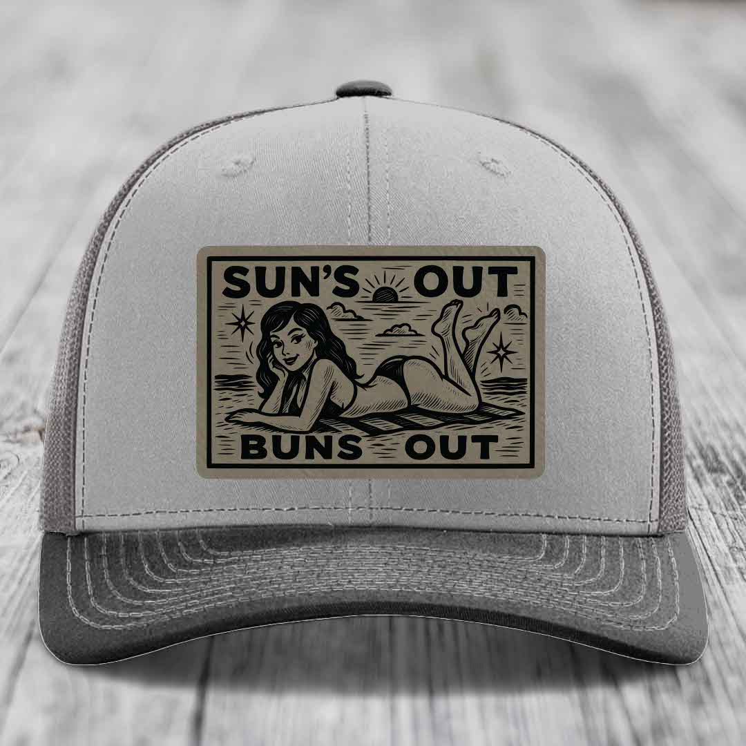 Suns Out, Buns Out - Leather Patch Hat - Light Brown to Black Patch - Richardson 112 Snapback Trucker Hat