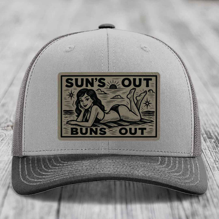 Suns Out, Buns Out - Leather Patch Hat - Light Brown to Black Patch - Richardson 112 Snapback Trucker Hat