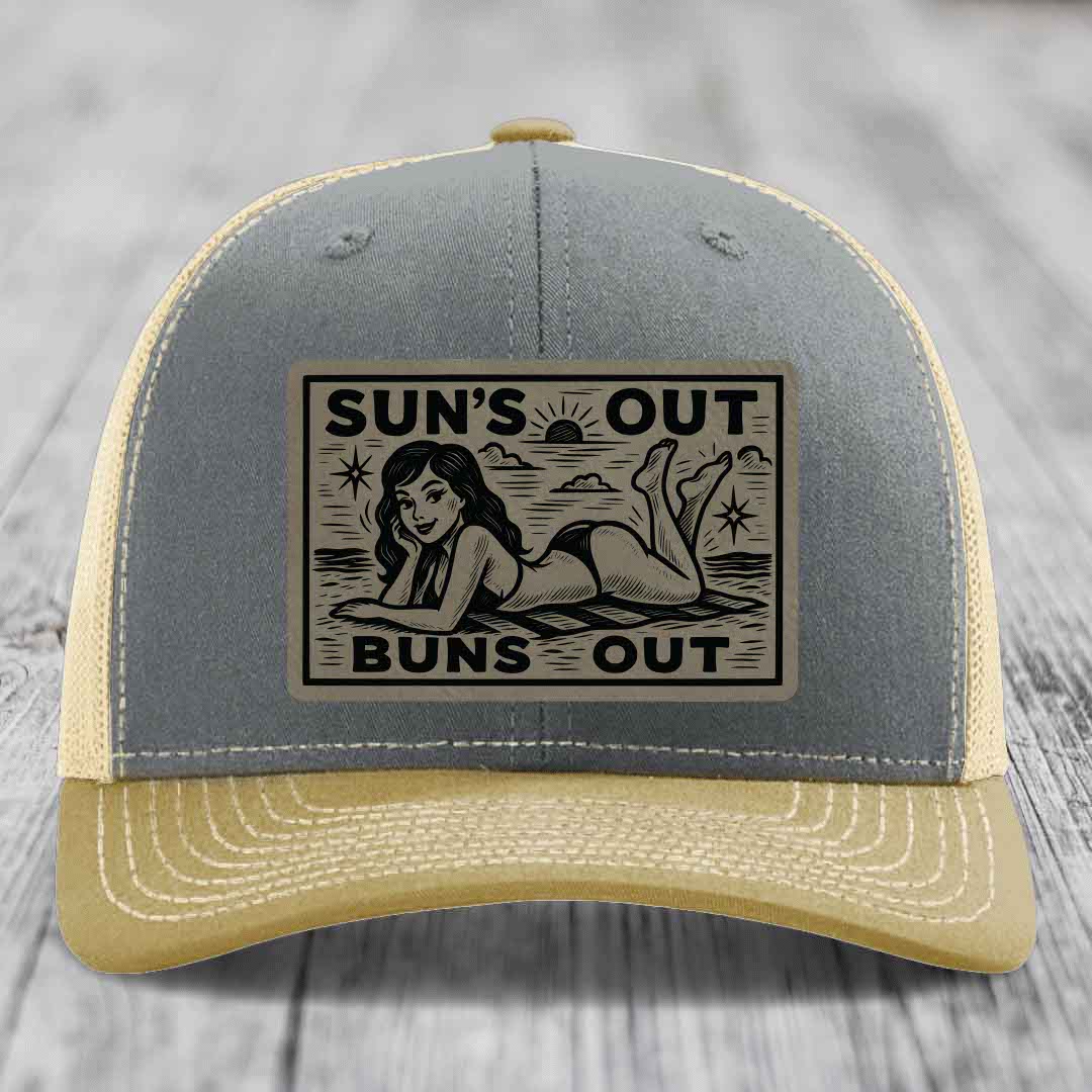 Suns Out, Buns Out - Leather Patch Hat - Light Brown to Black Patch - Richardson 112 Snapback Trucker Hat