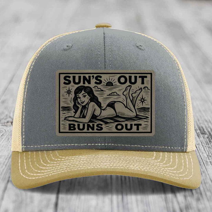Suns Out, Buns Out - Leather Patch Hat - Light Brown to Black Patch - Richardson 112 Snapback Trucker Hat