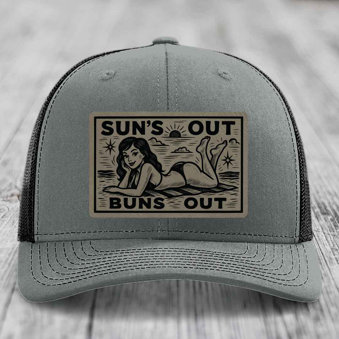 Suns Out, Buns Out - Leather Patch Hat - Light Brown to Black Patch - Richardson 112 Snapback Trucker Hat