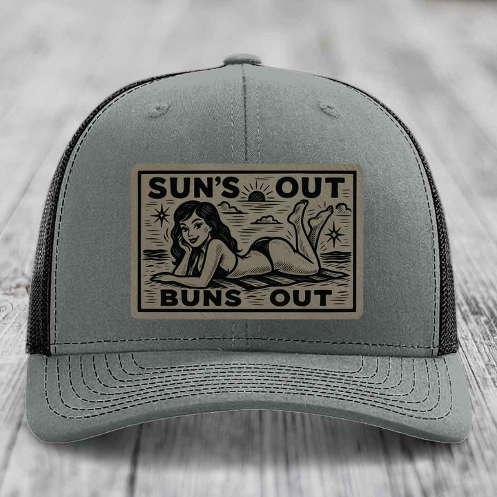 Suns Out, Buns Out - Leather Patch Hat - Light Brown to Black Patch - Richardson 112 Snapback Trucker Hat