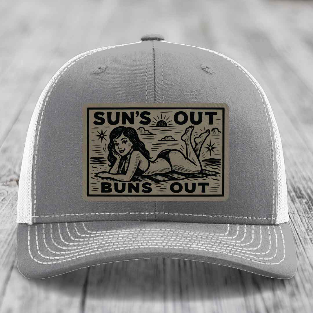 Suns Out, Buns Out - Leather Patch Hat - Light Brown to Black Patch - Richardson 112 Snapback Trucker Hat
