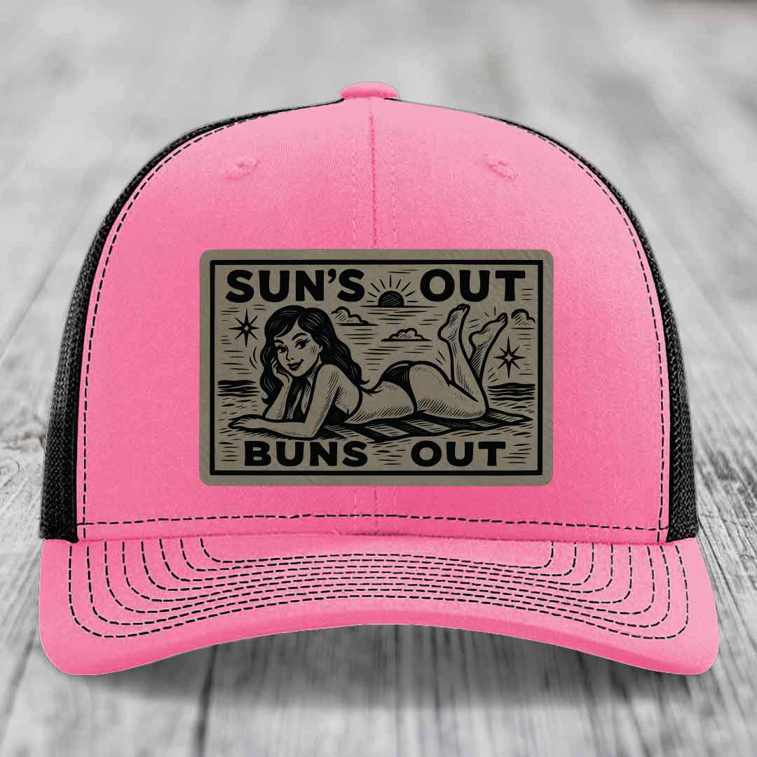 Suns Out, Buns Out - Leather Patch Hat - Light Brown to Black Patch - Richardson 112 Snapback Trucker Hat