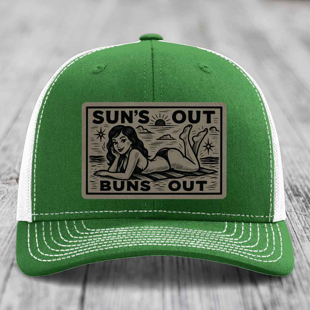 Suns Out, Buns Out - Leather Patch Hat - Light Brown to Black Patch - Richardson 112 Snapback Trucker Hat