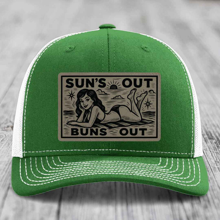Suns Out, Buns Out - Leather Patch Hat - Light Brown to Black Patch - Richardson 112 Snapback Trucker Hat