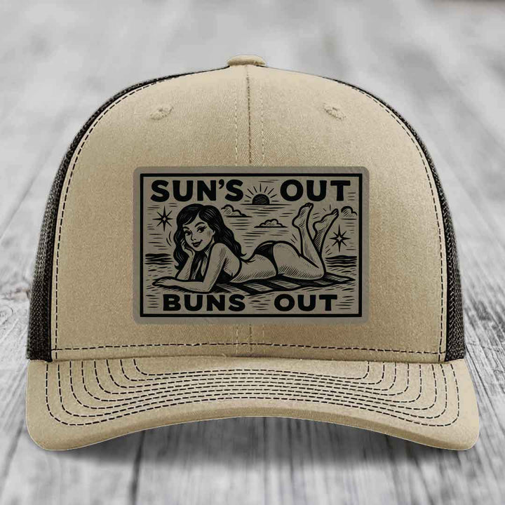 Suns Out, Buns Out - Leather Patch Hat - Light Brown to Black Patch - Richardson 112 Snapback Trucker Hat