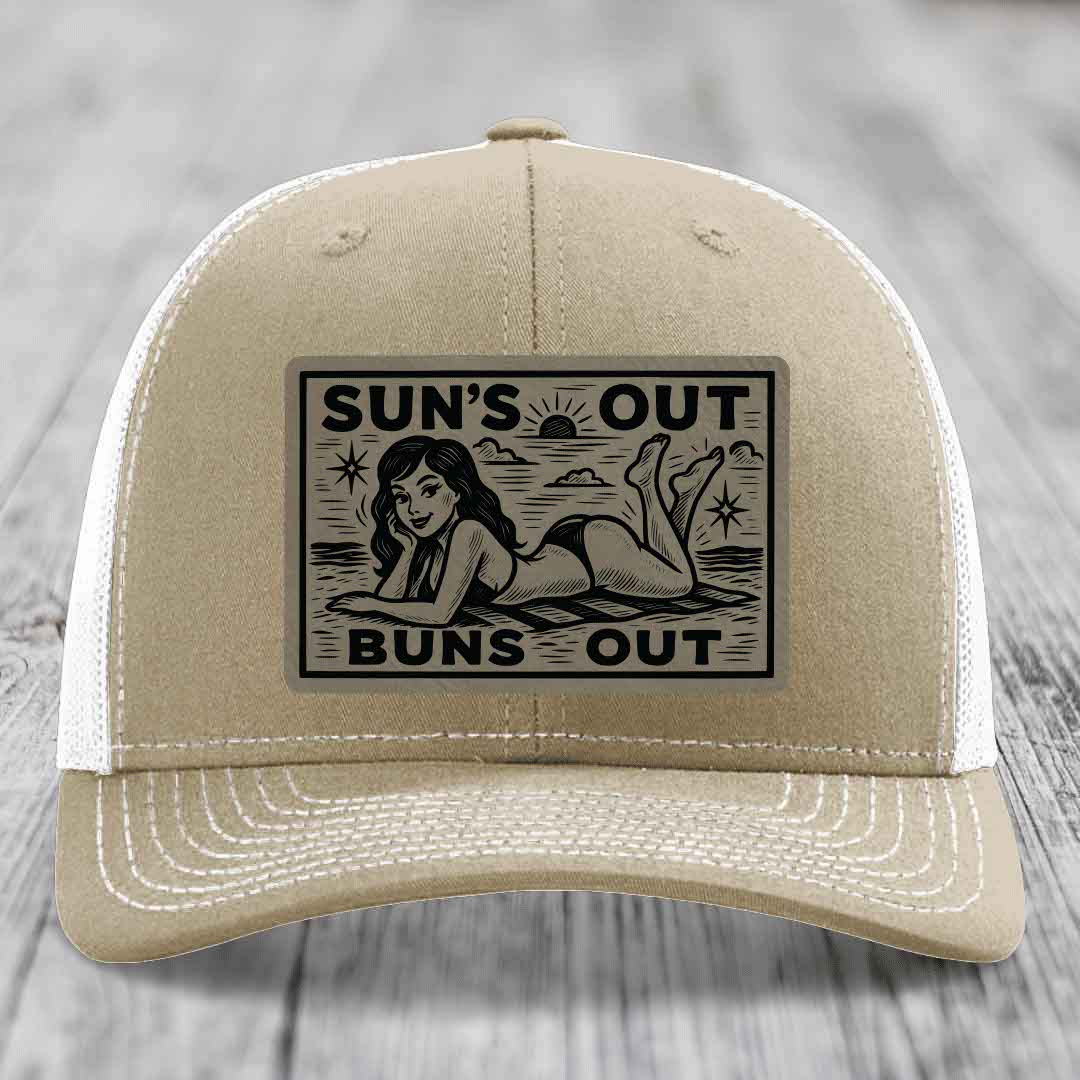 Suns Out, Buns Out - Leather Patch Hat - Light Brown to Black Patch - Richardson 112 Snapback Trucker Hat