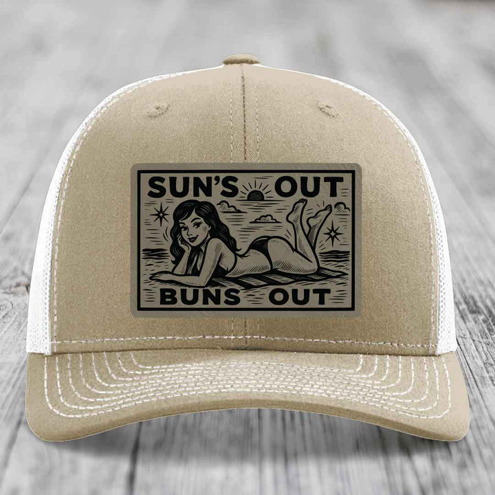 Suns Out, Buns Out - Leather Patch Hat - Light Brown to Black Patch - Richardson 112 Snapback Trucker Hat
