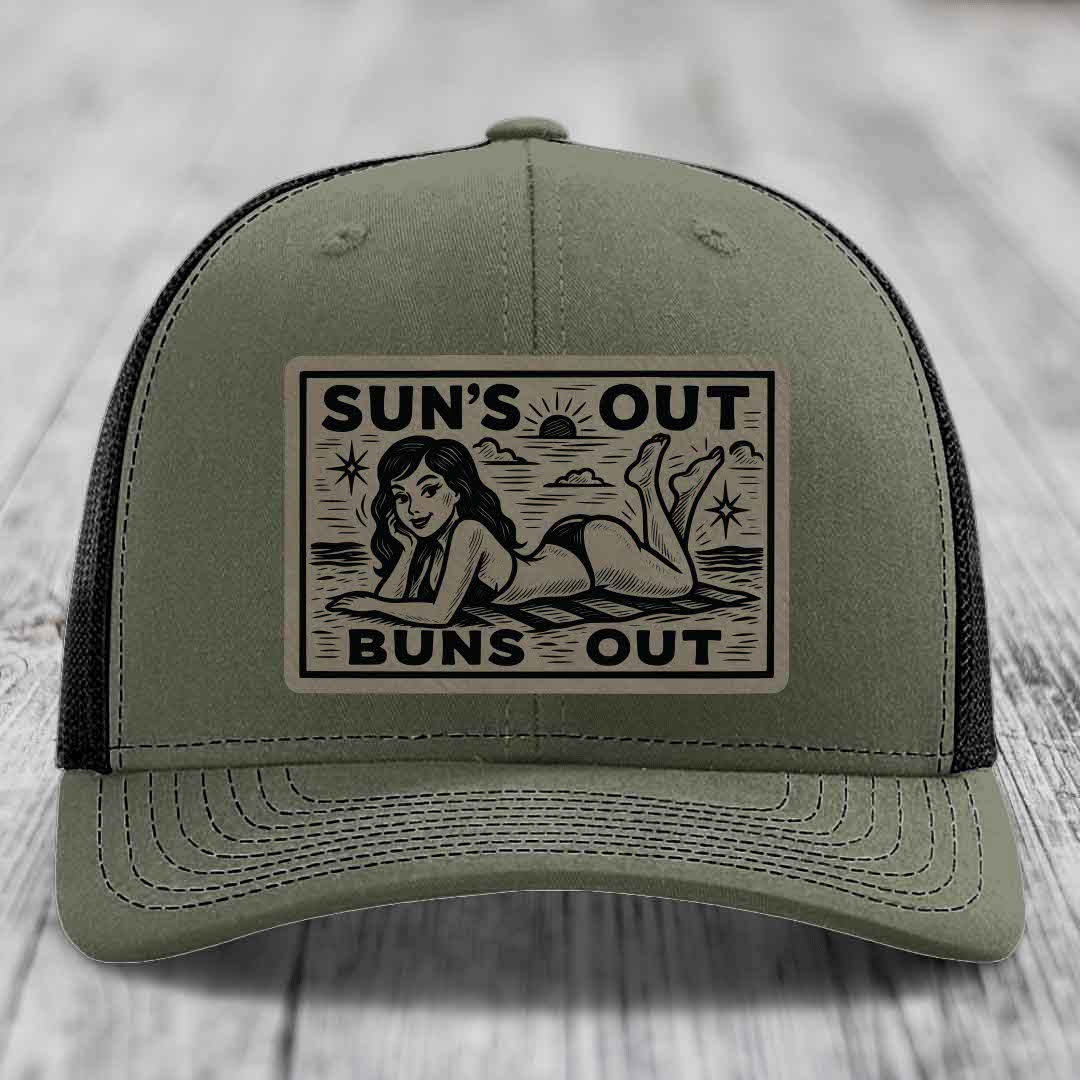Suns Out, Buns Out - Leather Patch Hat - Light Brown to Black Patch - Richardson 112 Snapback Trucker Hat