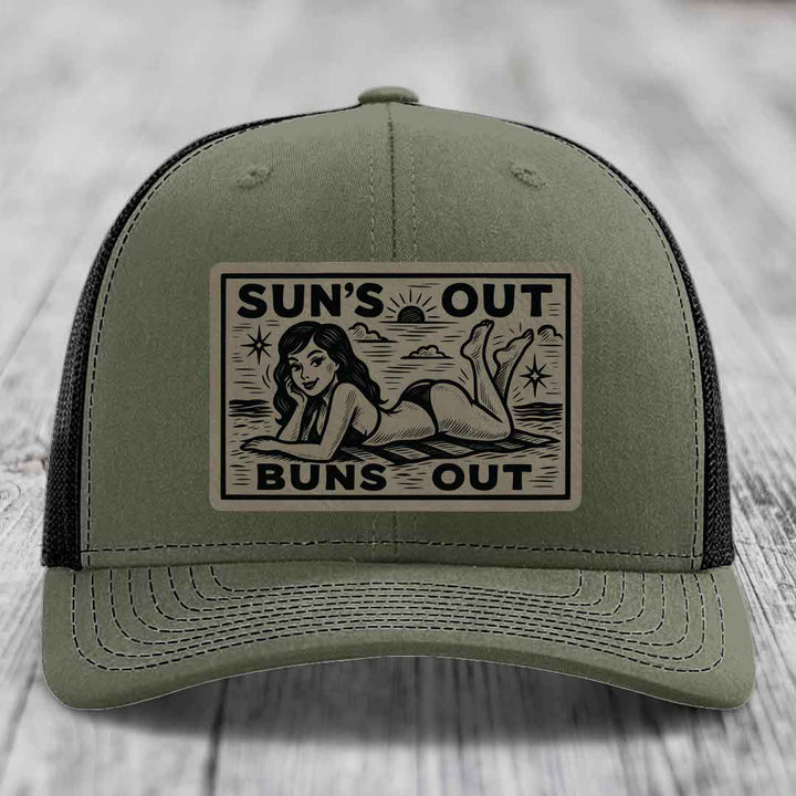 Suns Out, Buns Out - Leather Patch Hat - Light Brown to Black Patch - Richardson 112 Snapback Trucker Hat