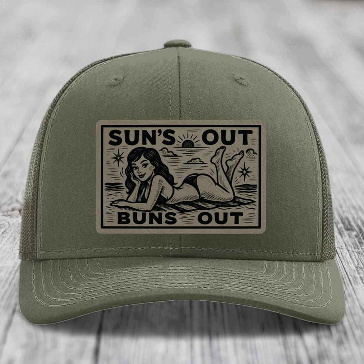 Suns Out, Buns Out - Leather Patch Hat - Light Brown to Black Patch - Richardson 112 Snapback Trucker Hat