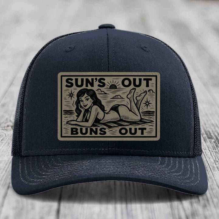 Suns Out, Buns Out - Leather Patch Hat - Light Brown to Black Patch - Richardson 112 Snapback Trucker Hat