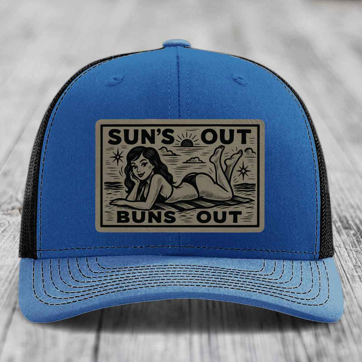 Suns Out, Buns Out - Leather Patch Hat - Light Brown to Black Patch - Richardson 112 Snapback Trucker Hat