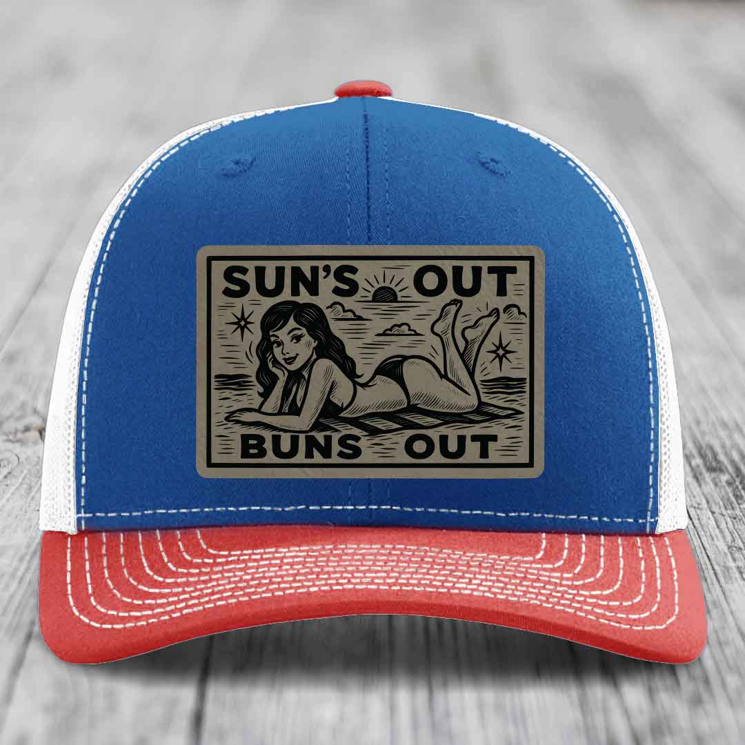 Suns Out, Buns Out - Leather Patch Hat - Light Brown to Black Patch - Richardson 112 Snapback Trucker Hat