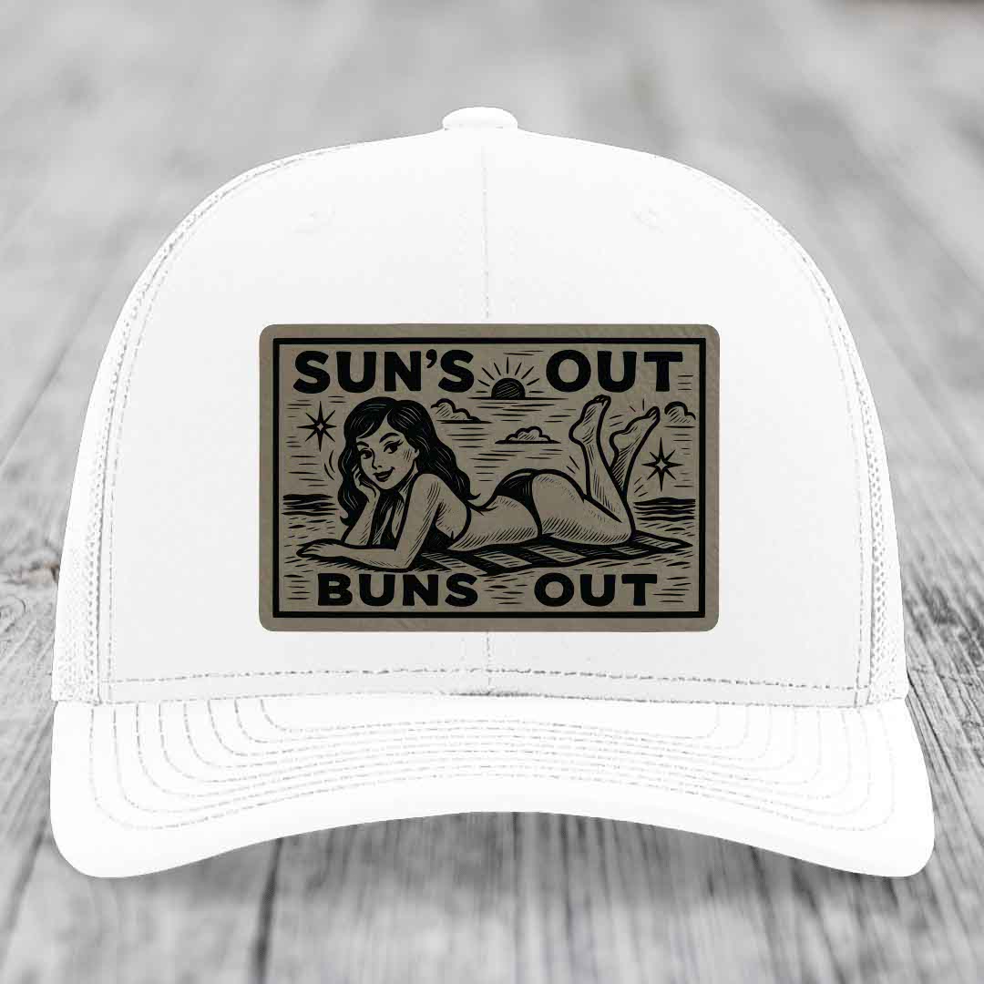 Suns Out, Buns Out - Leather Patch Hat - Light Brown to Black Patch - Richardson 112 Snapback Trucker Hat